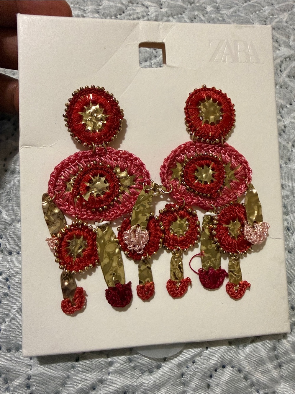 Zara Red and Pink Crochet Drop Earrings with Gold Accents